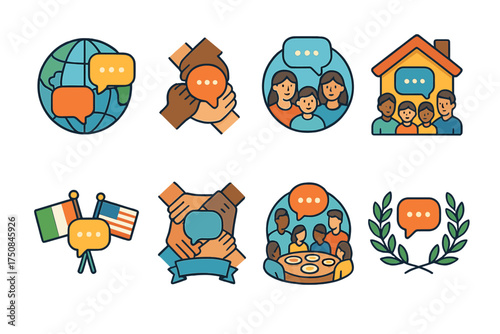 Diverse Conversation Symbols. Cultural Group Chat set icons in flat vector style. Globe with chat bubbles, diverse hands with chat, family circle with speech bubble, community