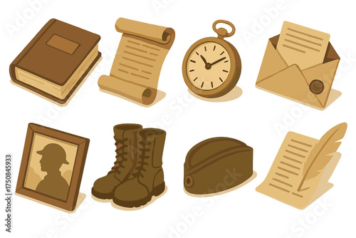 Historic Icon Set. Historical Remembrance Day set icons in flat vector style. Old war diary, sepia treaty scroll, vintage pocket watch, telegram envelope, archival photo frame