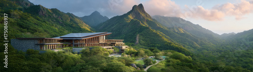 Serene eco resort building surrounded by lush greenery and mountain landscape. luxurious and secluded corporate retreat in nature, offering peaceful escape at sunrise