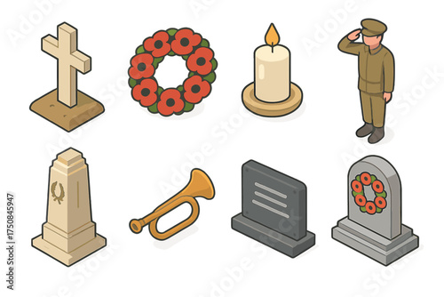 Remembrance Day Icons. Memorial Armistice Day set icons in flat vector style. Cross grave marker, poppy wreath, remembrance candle, soldier saluting, cenotaph monument, bugle