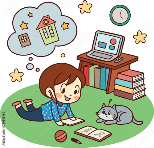 Cute Child Drawing at Home with Cat and Dreaming of Houses