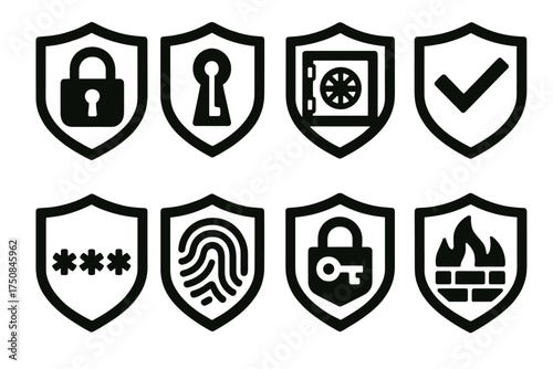 Shield Security Icons. Shield Security Badges set of icons silhouette. Badge with padlock symbol, shield with keyhole, badge with vault icon, shield with checkmark, shield with