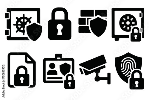 Brutalist Security Icons. Security Privacy set of icons silhouette. Vault door with shield, strong padlock symbol, firewall shield, protected safe box, locked data file, shielded