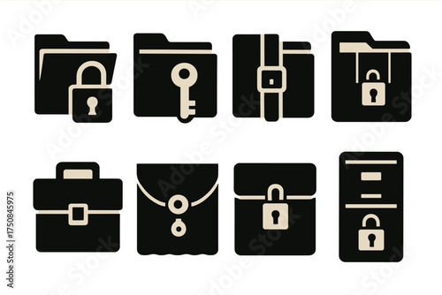 Bold Folder Lock Icons. Classic Folder Locks set of icons silhouette. Manila folder with padlock, paper folder with key lock, document folder with strap lock, binder folder with