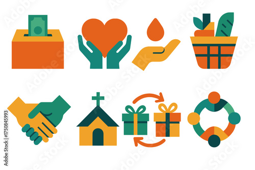 Charity Icons Collection. Charity Boxing Day set of icons in geometric flat vector. Donation box, heart with hands, giving hand, food basket, helping hand icon, church with cross