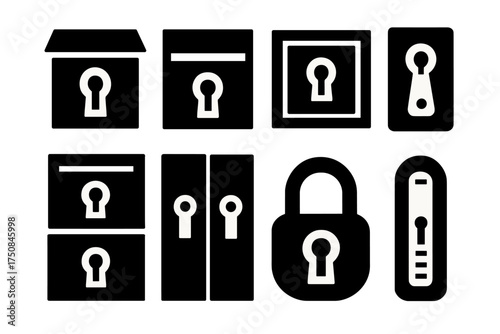 Brutalist Keyhole Icons. Functional Keyholes set of icons silhouette. Mailbox keyhole, garage keyhole, safe keyhole, hotel room keyhole, drawer keyhole, cabinet keyhole, locker