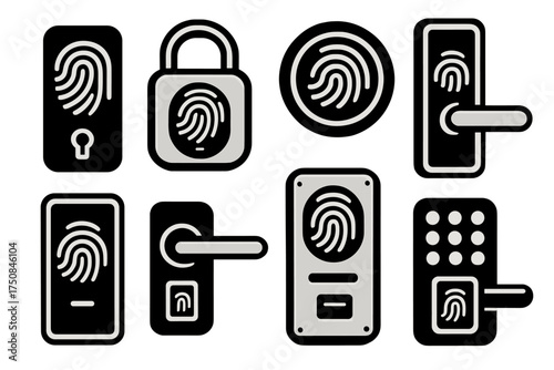 Brutalist Fingerprint Lock Icons. Modern Fingerprint Locks set of icons silhouette. Sleek fingerprint scanner lock, silver fingerprint padlock, circular fingerprint lock, digital