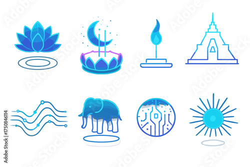 Futuristic Loy Krathong Icons. Futuristic Loy Krathong set icons in flat vector style. Holographic lotus lantern, neon glowing krathong basket, cyber moon, digital incense flame