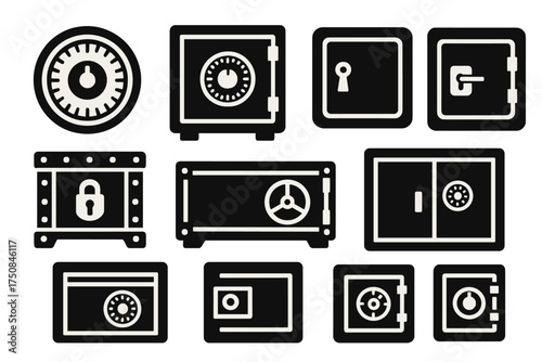 Brutalist Safe Icons. Classic Safes set of icons silhouette. Round dial safe, square metal safe, wall-mounted safe, vintage strongbox, iron chest safe, floor safe with handle
