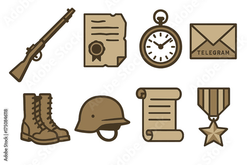 Veterans Day Icons. Historical Veterans Day set of icons in geometric flat vector. Vintage rifle, sepia war letter, pocket watch, telegram envelope, battlefield boots, old military