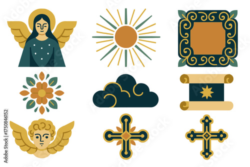 Geometric Sacred Icons. Artistic Immaculate Conception set of icons in geometric flat vector. Angelic figure, divine rays, ornamental frame, floral halo, heavenly clouds, sacred