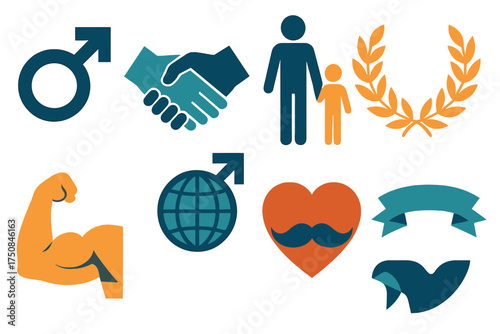 International Men's Day Icons. Classic International Men’s Day set of icons in geometric flat vector. Male gender symbol, handshake icon, father with child, laurel wreath, strong