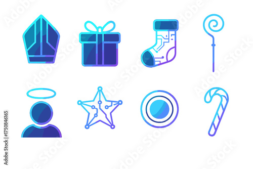 Futuristic Saint Nicholas Icons. Futuristic St. Nicholas Day set of icons in geometric flat vector. Holographic mitre, neon glowing gift box, cyber stocking, digital crozier staff