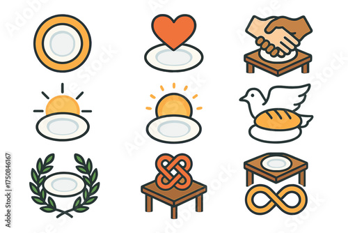 Symbolic Meal Icons. Symbolic Shared Meal set icons in flat vector style. Unity circle with plate, heart over food, clasped hands with table, sun with dish, glowing orb with meal