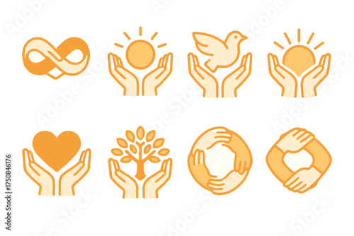 Linked Hands Icons. Symbolic Linked Hands set icons in flat vector style. Infinity knot with hands, radiant orb with hands, peace dove with hands, rising sun with hands, glowing