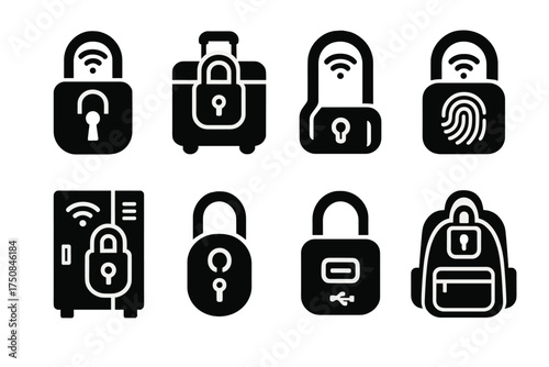 Brutalist Smart Lock Icons. Portable Smart Locks set of icons silhouette. Travel smart lock, luggage smart lock, bike smart lock, compact padlock with fingerprint, gym locker