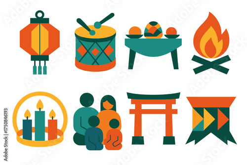 Festive Icons Collection. Cultural New Year’s Eve set of icons in geometric flat vector. Lantern, drum, feast table, bonfire, candle circle, family gathering, gate arch, festive