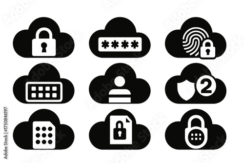 Secure Cloud Icons. Digital Secure Cloud set of icons silhouette. Encrypted cloud icon, cloud with password dots, cloud with fingerprint lock, cloud with two-factor symbol, cloud