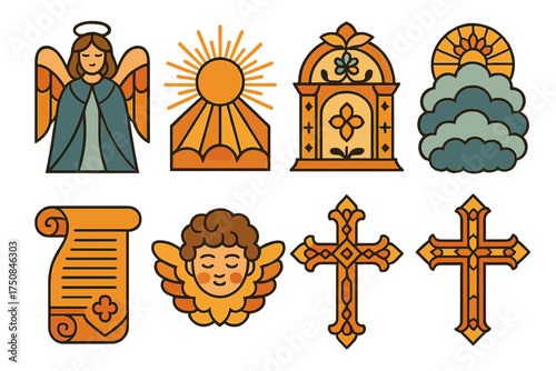 Geometric Divine Icons. Artistic Immaculate Conception set of icons in geometric flat vector. Angelic figure, divine rays, ornamental frame, floral halo, heavenly clouds, sacred