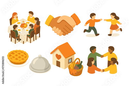Thanksgiving Family Icons. Family Thanksgiving set icons in flat vector style. Family at table, clasped hands, home with heart, children playing, pie on table, serving dish, gift