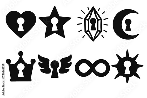 Unique Keyhole Icons. Symbolic Keyholes set of icons silhouette. Heart-shaped keyhole, star-shaped keyhole, glowing crystal keyhole, moon-shaped keyhole, crown-topped keyhole