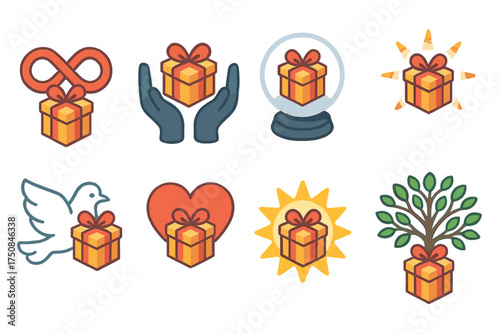 Symbolic Gift Icons. Symbolic Gift Exchange set icons in flat vector style. Infinity knot with gift, unity hands with gift, glowing orb with present, starburst gift, peace dove