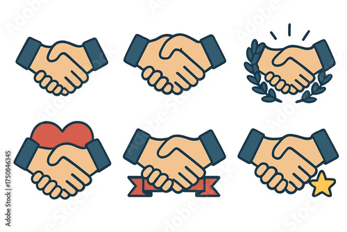Isometric Handshake Icons. Classic Handshake set icons in flat vector style. Simple handshake, two hands clasped, business handshake, handshake with laurel wreath, handshake with