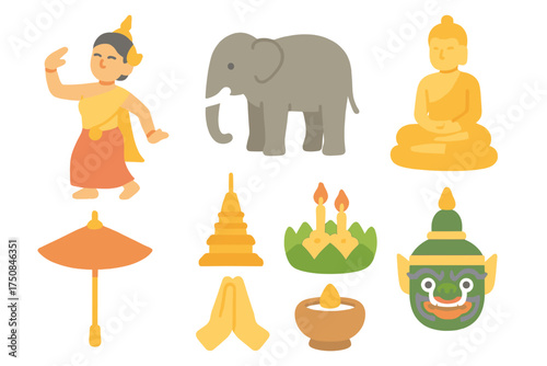 Loy Krathong Icons. Cultural Loy Krathong set icons in flat vector style. Traditional Thai dancer, elephant, pagoda, Buddha statue, rice offering bowl, umbrella, prayer hands, Thai