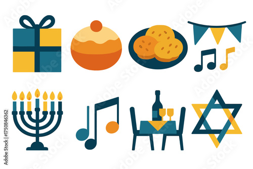 Hanukkah Festive Icons. Festive Hanukkah set of icons in geometric flat vector. Wrapped gift, doughnut sufganiyah, latkes plate, festive banner, candle lighting ceremony, music