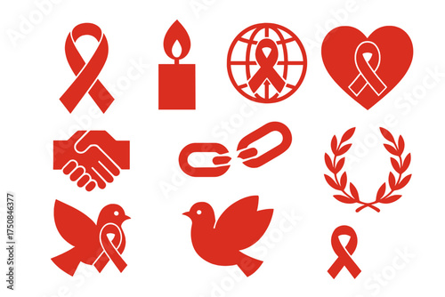 World AIDS Day Icons. Classic World AIDS Day set of icons in geometric flat vector. Red ribbon, candle flame, globe with ribbon, clasped hands, broken chain, heart with ribbon