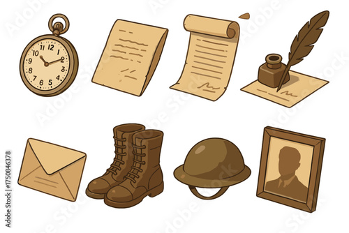 Armistice Day Icons. Historical Armistice Day set icons in flat vector style. Vintage pocket watch, old war letter, sepia document scroll, quill pen with treaty, telegram envelope