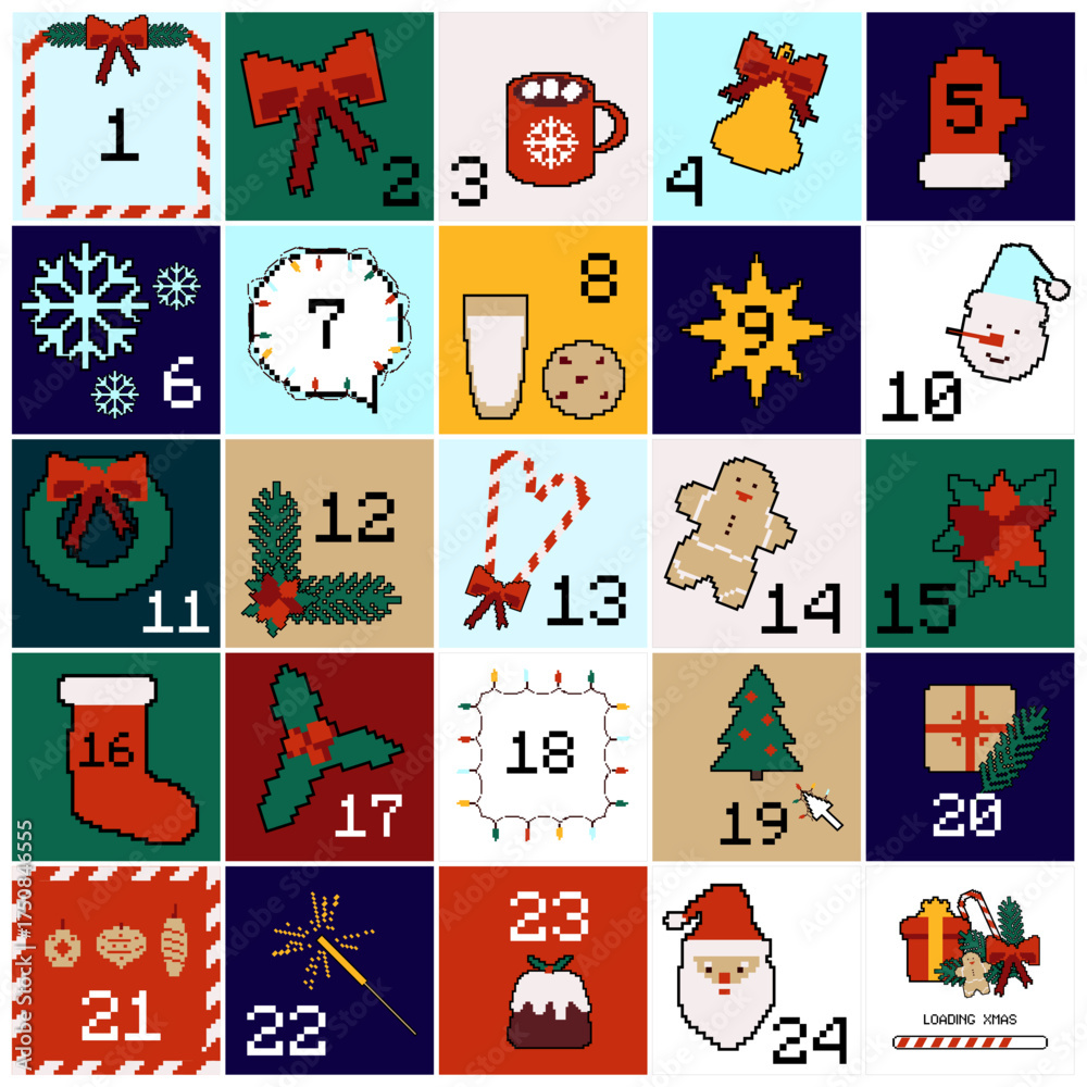 Fototapeta premium Pixel art advent calendar with festive icons for a vintage holiday countdown
