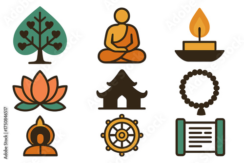 Bodhi Day Icons. Classic Bodhi Day set of icons in geometric flat vector. Bodhi tree, meditating figure, lotus flower, candle flame, prayer beads, temple silhouette, Dharma wheel