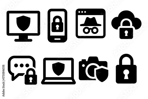Digital Privacy Icons. Digital Privacy set of icons silhouette. Computer screen with shield, smartphone privacy lock, browser incognito symbol, cloud with padlock, encrypted chat