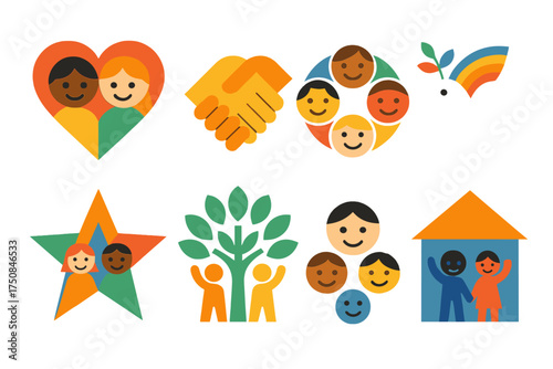 Children's Day Icons. Symbolic World Children’s Day set of icons in geometric flat vector. Heart with children, clasped hands, unity circle, smiling faces, peace dove with rainbow