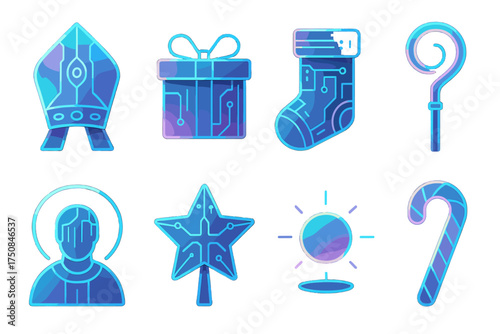 Futuristic Saint Nicholas Icons. Futuristic St. Nicholas Day set of icons in geometric flat vector. Holographic mitre, neon glowing gift box, cyber stocking, digital crozier staff