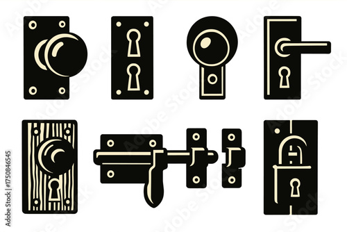 Brutalist Door Lock Icons. Classic Door Locks set of icons silhouette. Brass knob lock, iron keyhole lock, round handle lock, rectangular mortise lock, vintage wooden door lock