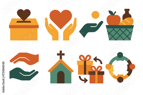 Charity Icon Set. Charity Boxing Day set of icons in geometric flat vector. Donation box, heart with hands, giving hand, food basket, helping hand icon, church with cross, gift