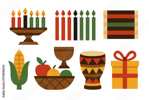 Geometric Kwanzaa Icons. Classic Kwanzaa set of icons in geometric flat vector. Kinara candle holder, seven candles, unity cup, mkeka mat, corn stalk, fruit basket, African drum