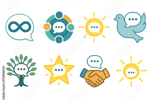Symbolic Chat Icons. Symbolic Group Chat set icons in flat vector style. Chat bubble with infinity sign, unity circle with chat bubble, radiant orb with chat dots, tree of life