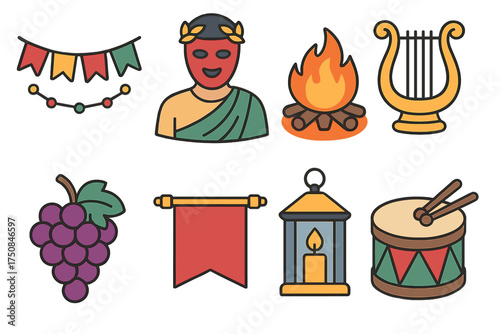 Saturnalia Celebration Icons. Festive Saturnalia set icons in flat vector style. Decorated garland, masked figure, bonfire, music lyre, grape cluster, festive banner, candle