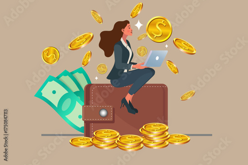A successful businesswoman earns money online, working on her laptop while sitting on a giant wallet. This concept illustrates financial freedom, freelance success, and e-commerce profit.