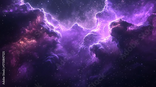 A vibrant purple nebula with bright stars shining through the cosmic clouds and space dust around it