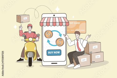 A concept of a digital payment gateway and logistics. A seller makes a money transfer on a mobile app, and a delivery man ships the order to the customer. For fintech and shipping businesses.