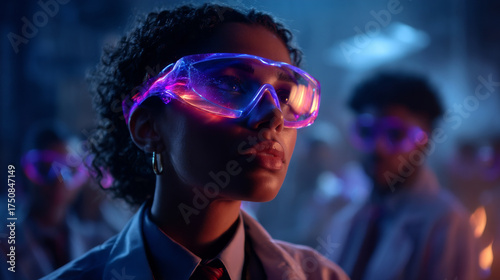 Focused woman scientist learning through futuristic holographic technology, wearing glowing goggle with virtual reality display in dark science laboratory