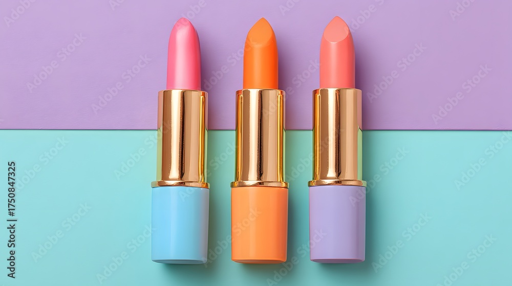 Obraz premium Three pastel lipsticks are arranged on a split pastel background.