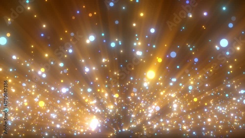 Christmas lights background 4k animation. Gold bokeh glitter rays with abstract starry light burst.