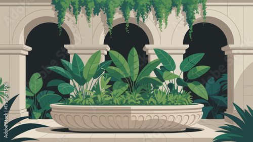 A courtyard with arches and hanging plants above a stone planter filled with tropical foliage plants