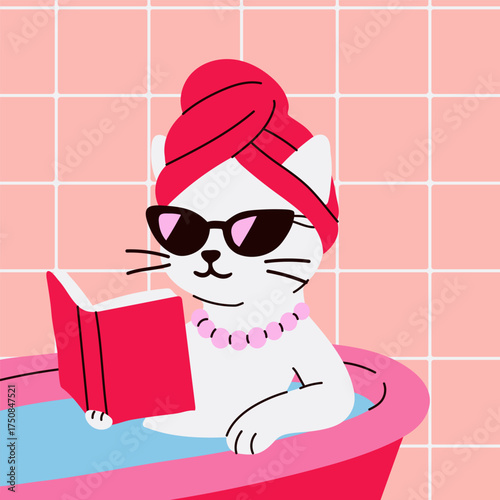 Cute Cat Reading Book in Bubble Bath with Sunglasses