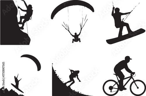 Active lifestyle extreme sports silhouettes set